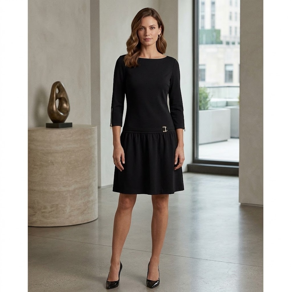 Lauren by Ralph Lauren Black Drop-Waist Dress 3/4 Zip Sleeve Size 14